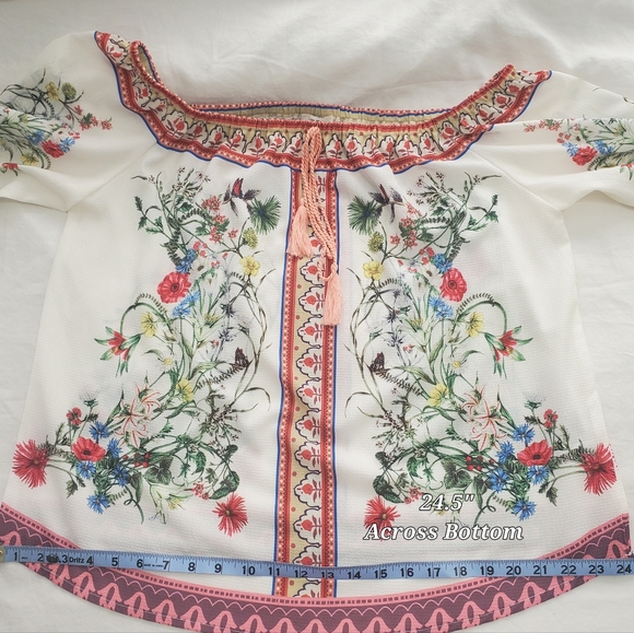 Umgee Floral Off Shoulder Top Blouse Womens Large Boho Peasant Bell Sleeve - Picture 11 of 11